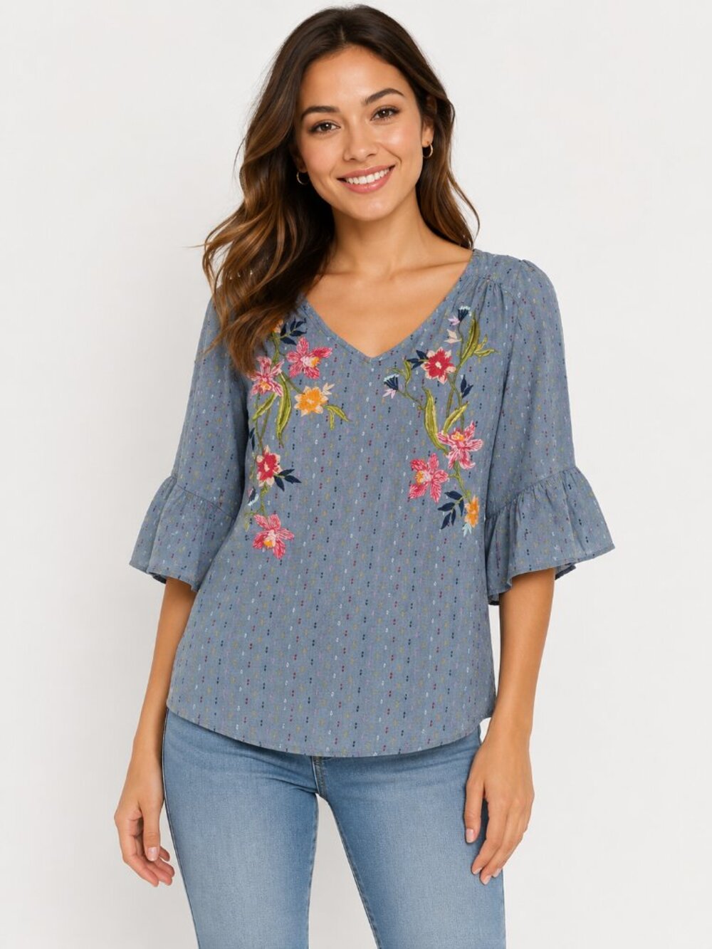 Style & Co Blue Embroidered Floral Peasant Blouse Medium Boho Ruffle Bell Sleeve
